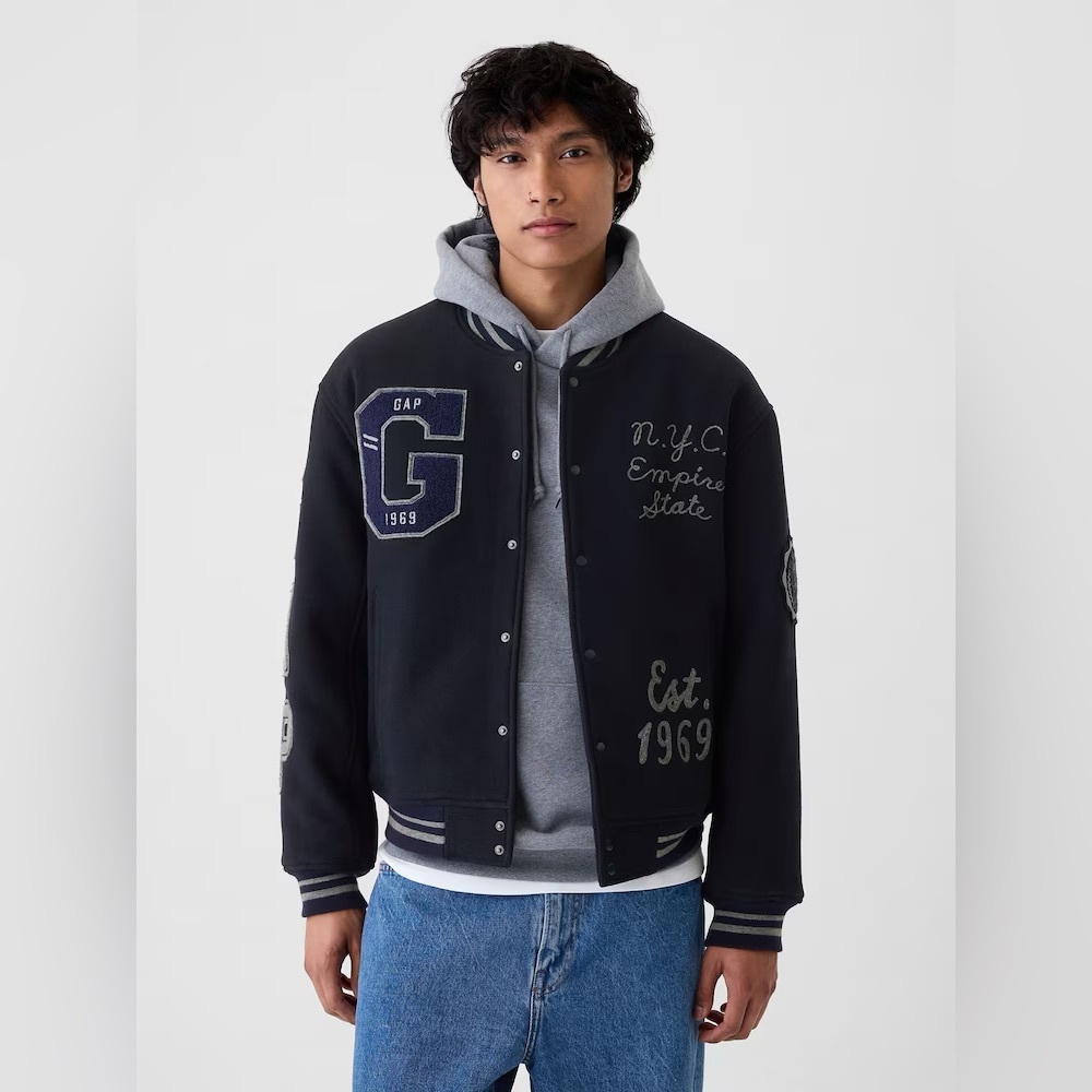 GAP Men’s Size 3XL Navy Blue Wool Blend Logo Varsity Bomber Jacket Relaxed Fit